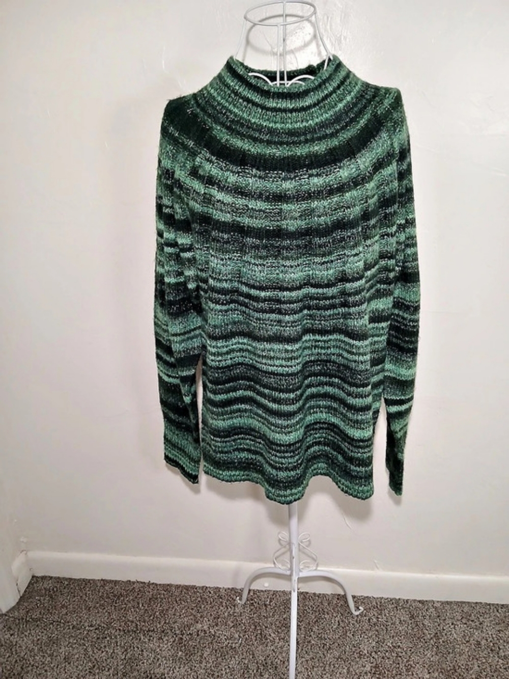 Knox Rose Mock Neck Green Knit Horizontal Stripes Metallic Pullover Sweater XL